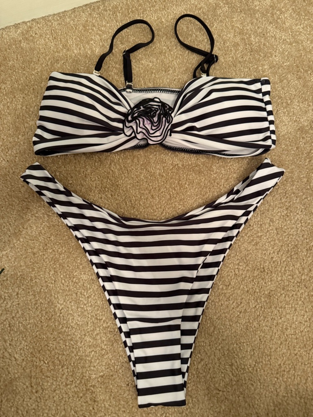 Black & White Striped Bandeau Bikini Set with Floral Detail